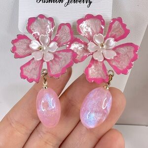 Pink flower Enamel statement earrings